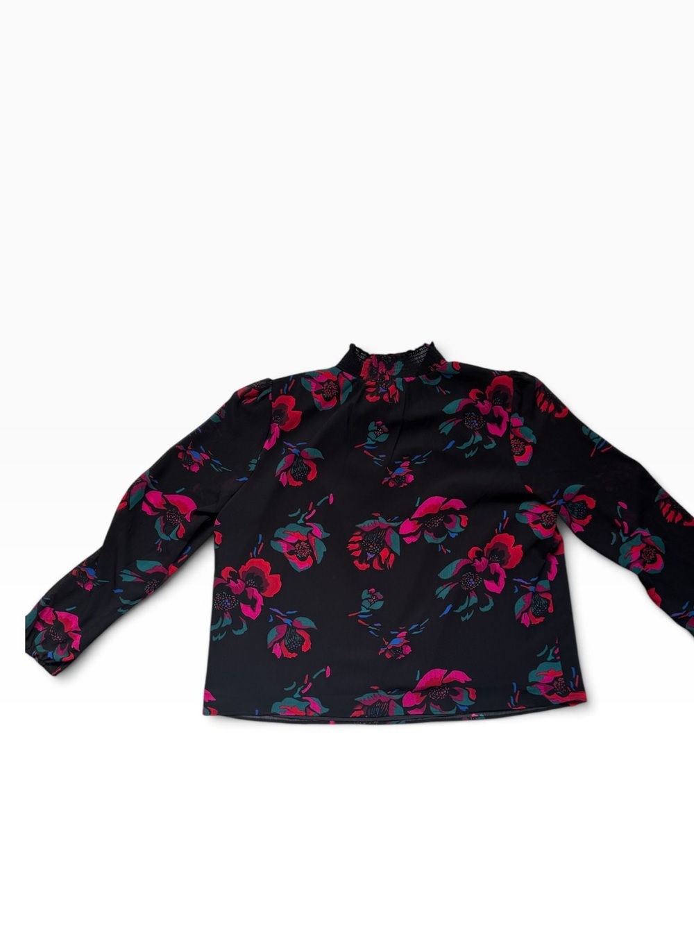 J.Crew Black Floral Smocked Neck Long Sleeve Blouse Size Larg - Picture 2 of 4